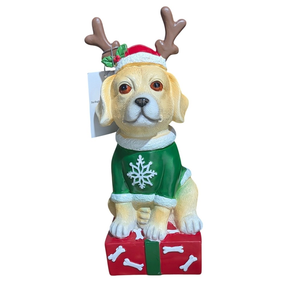 Christmas Gold Retriever Puppy Reindeer Antlers Christmas Box Resin Decor 10in